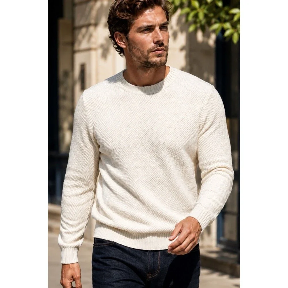 J Crew Sweater Mens M Ivory Crewneck Premium Basket-stitch Cotton Casual